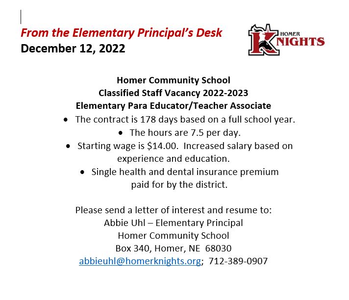 Homer Community Schools Elementary Para Opening